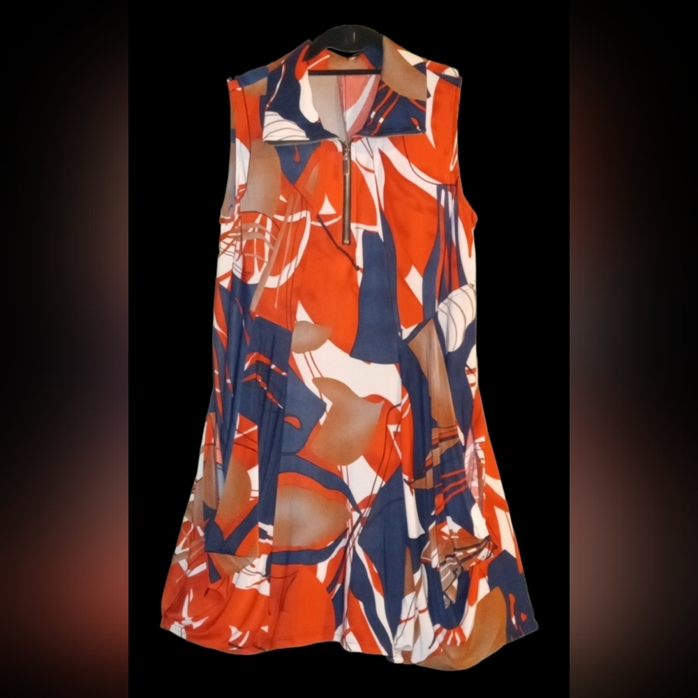 Vintage Women's Funky Abstract Print Front Zip Midi Dress Sz L